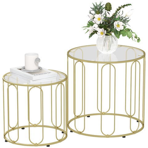 Coffee Table Set of 2, Nest of Tables with Metal Frame, Gold Tone