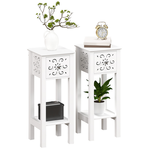 Bedside Table Set, End Table Set with Drawer and Storage Shelf, White