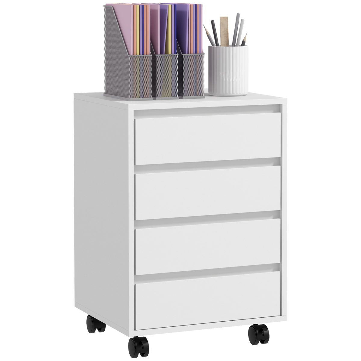 Versatile White Mobile Filing Cabinet with Lockable Wheels & Four Drawers