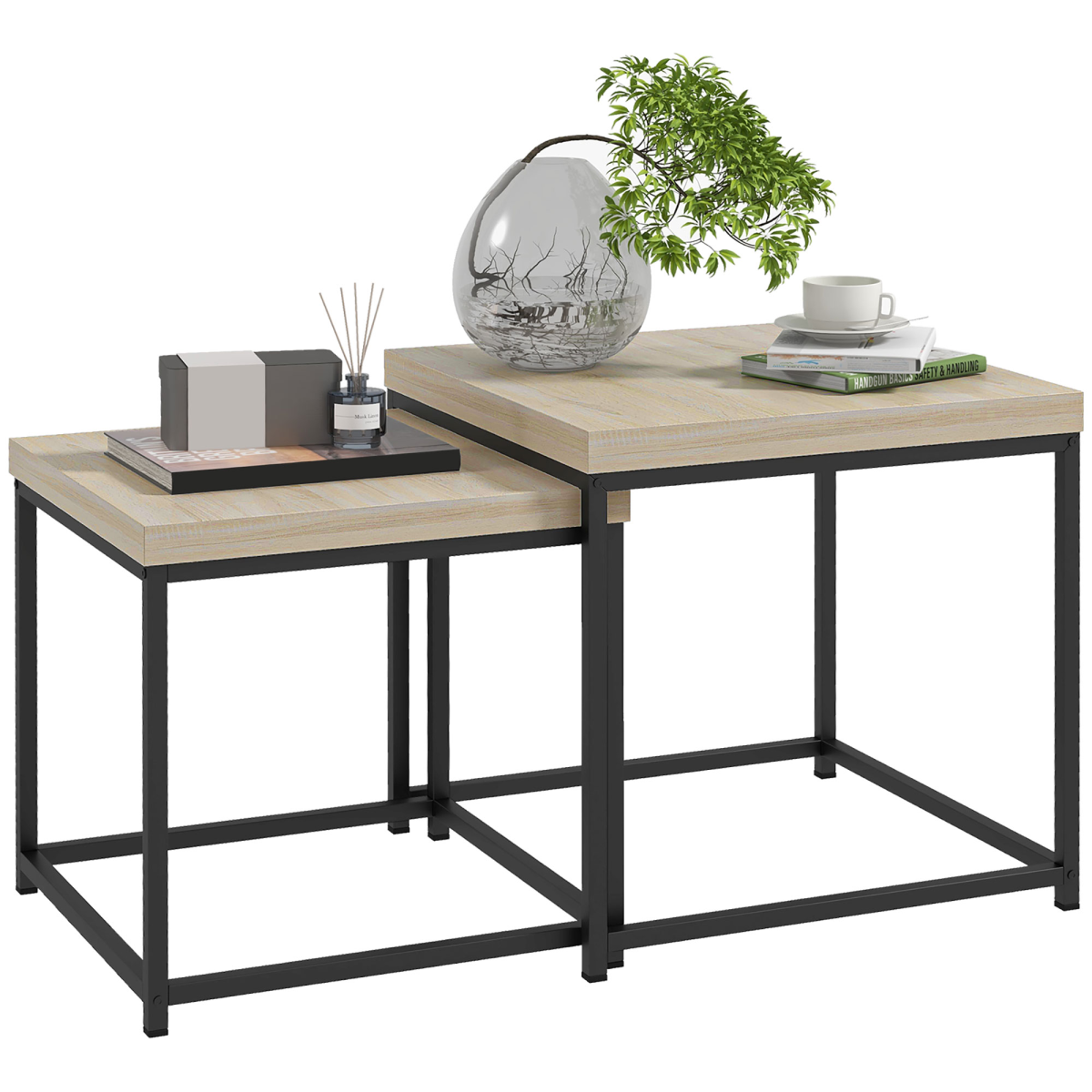 Coffee Table Set of 2, Nest of Tables with 3.5cm Thick Tabletop, Oak