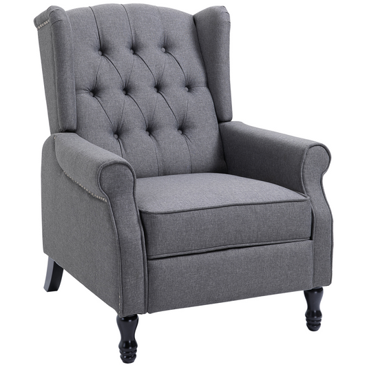 Gray upholstered armchair with tufted backrest on a white background