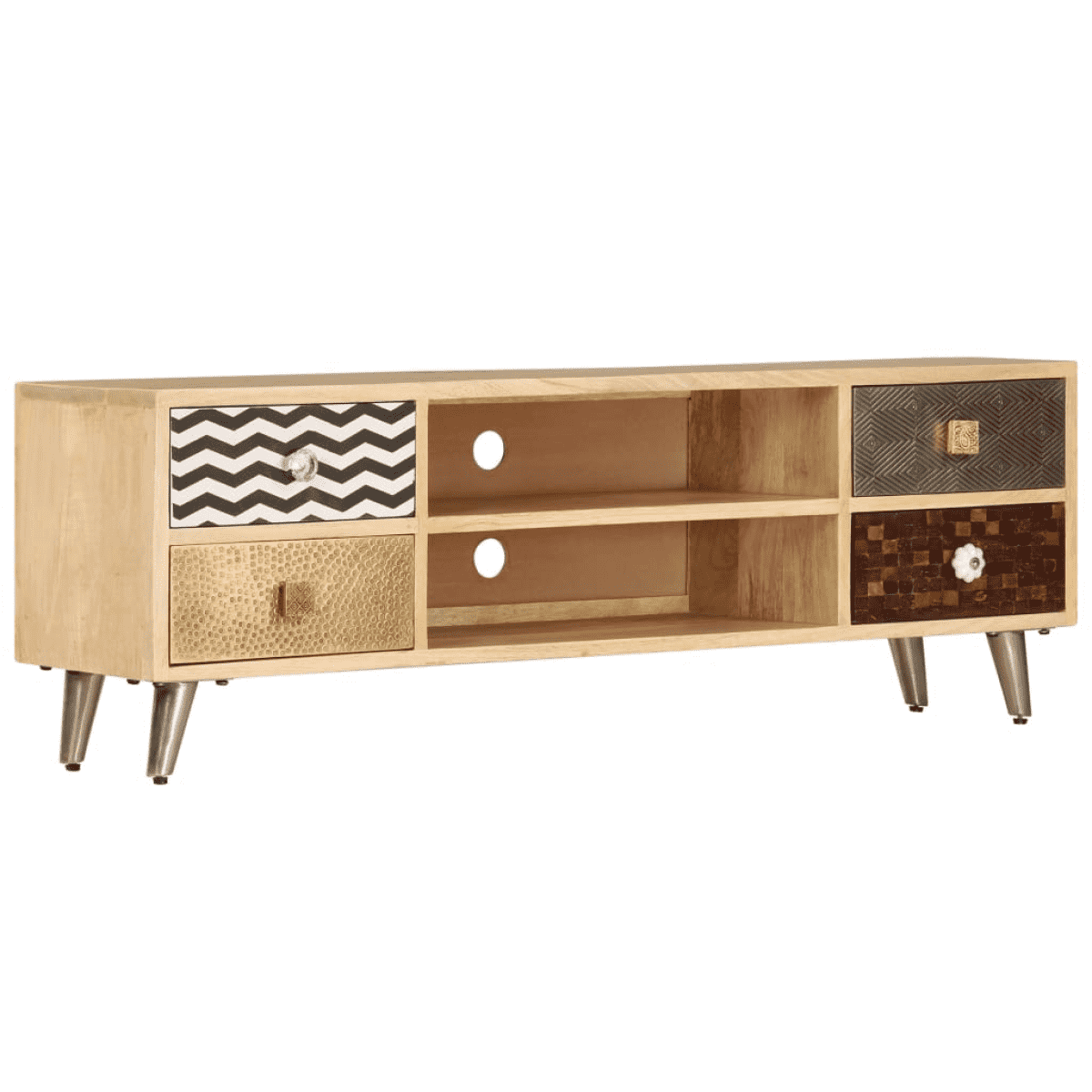 Wooden TV stand with multiple storage compartments on a white background