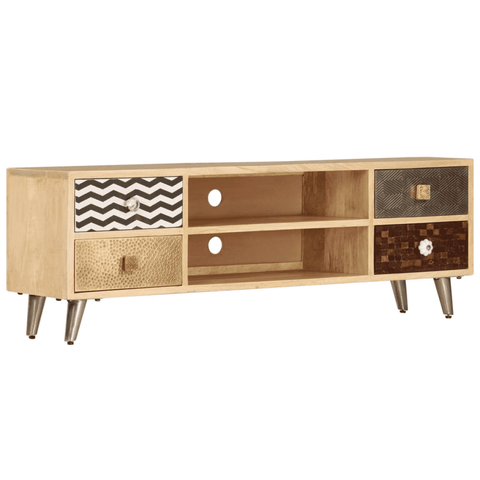Wooden TV stand with multiple storage compartments on a white background