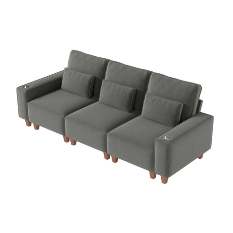 Chenille Deep Seat 3-Seater Sofa with Brushed Stainless Steel Cup Holders and 3 Decorative Pillows, Modern Comfortable Couch for Living Room