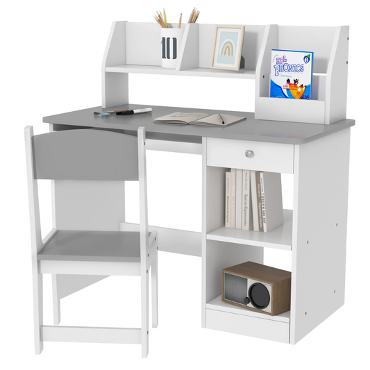ZONEKIZ Kids' Desk and Chair Set with Storage for 5-8 Years, Grey