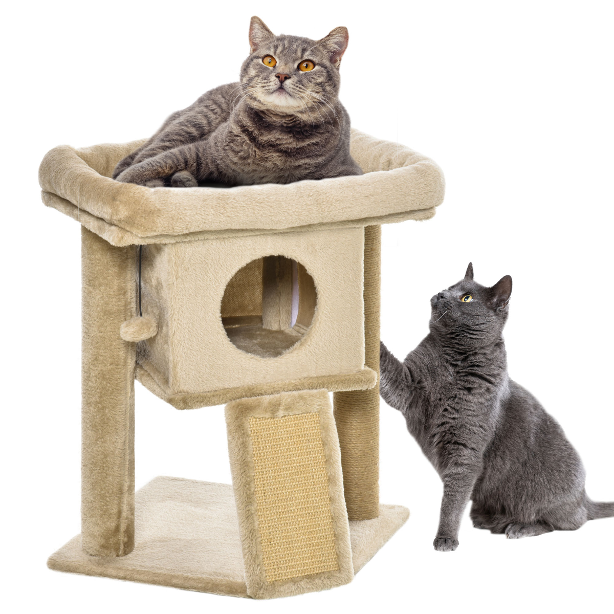 Cat Tree Tower W/ Jute Scratching Pad, Toy Ball, Cat House 66x38x88 cm - Coffee