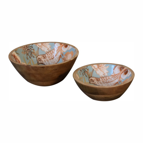Artisan Furniture Solid Wood Floral Bird Bowl Set of 2, Beige