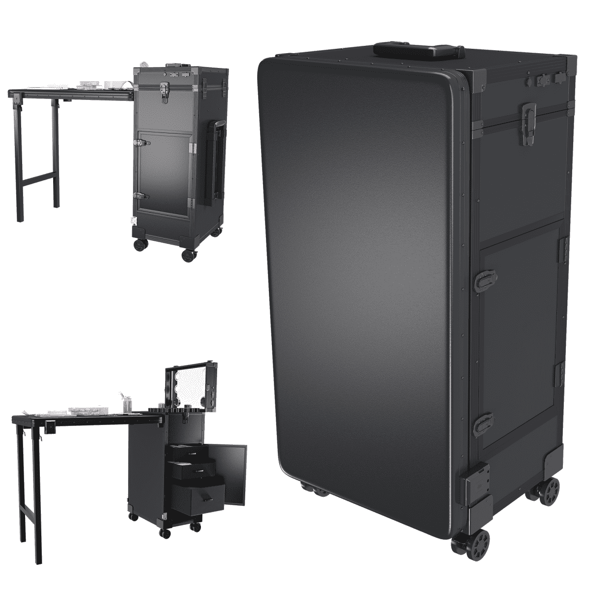 Black rolling cart with multiple compartments on a white background