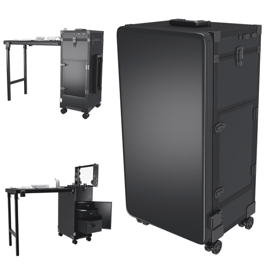Black rolling cart with multiple compartments on a white background