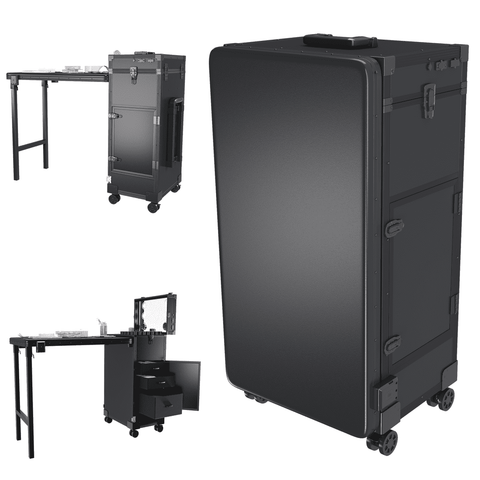 Black rolling cart with multiple compartments on a white background