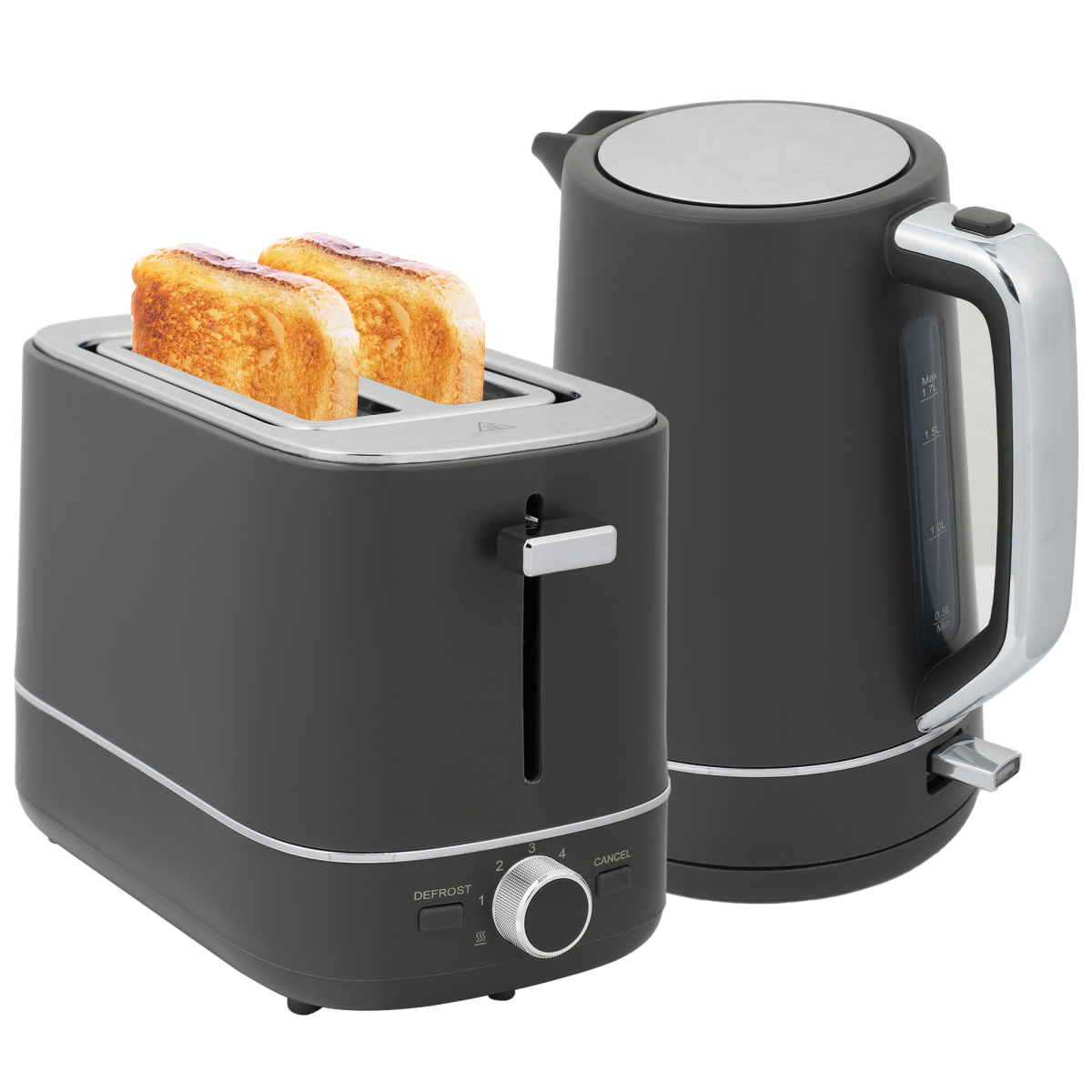1.7L 3000W Fast Boil Electric Kettle and 2 Slice Toaster Set, Grey
