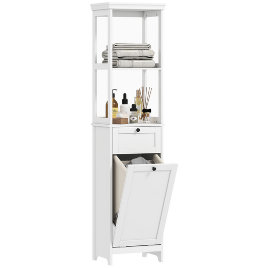 Slim Bathroom Storage Unit with Tilt-Out Laundry Cabinet Drawer White