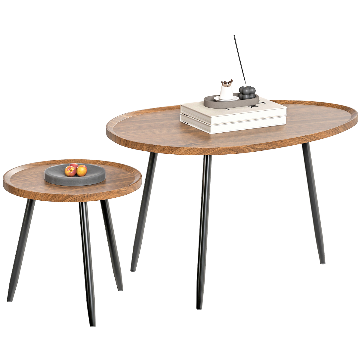 2 80cm Sofa Side Table Set of 2 with Metal Legs, Chestnut Wood Effect