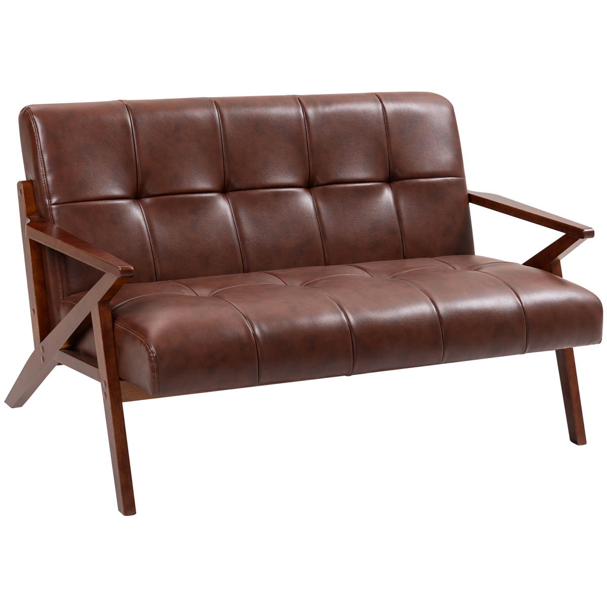 Brown leather sofa with wooden frame on a white background
