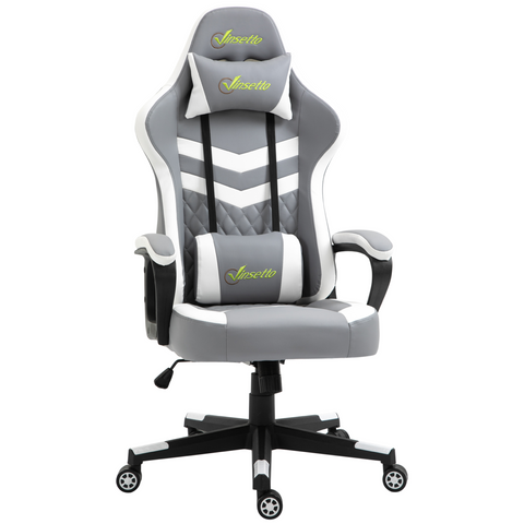 Gray and white gaming chair with 'Jussetto' branding on a white background