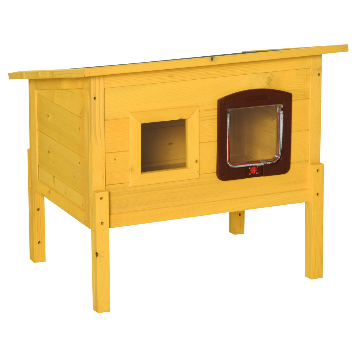 Yellow wooden pet house with a glass door on a white background