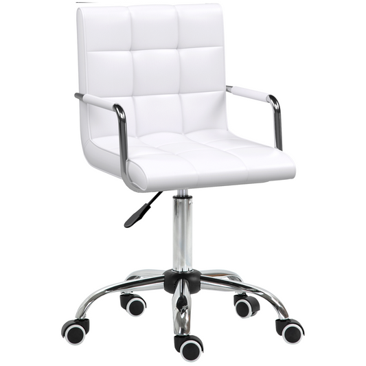Mid Back PU Leather Home Office Chair Swivel Desk Chair with Arm, Wheel, White