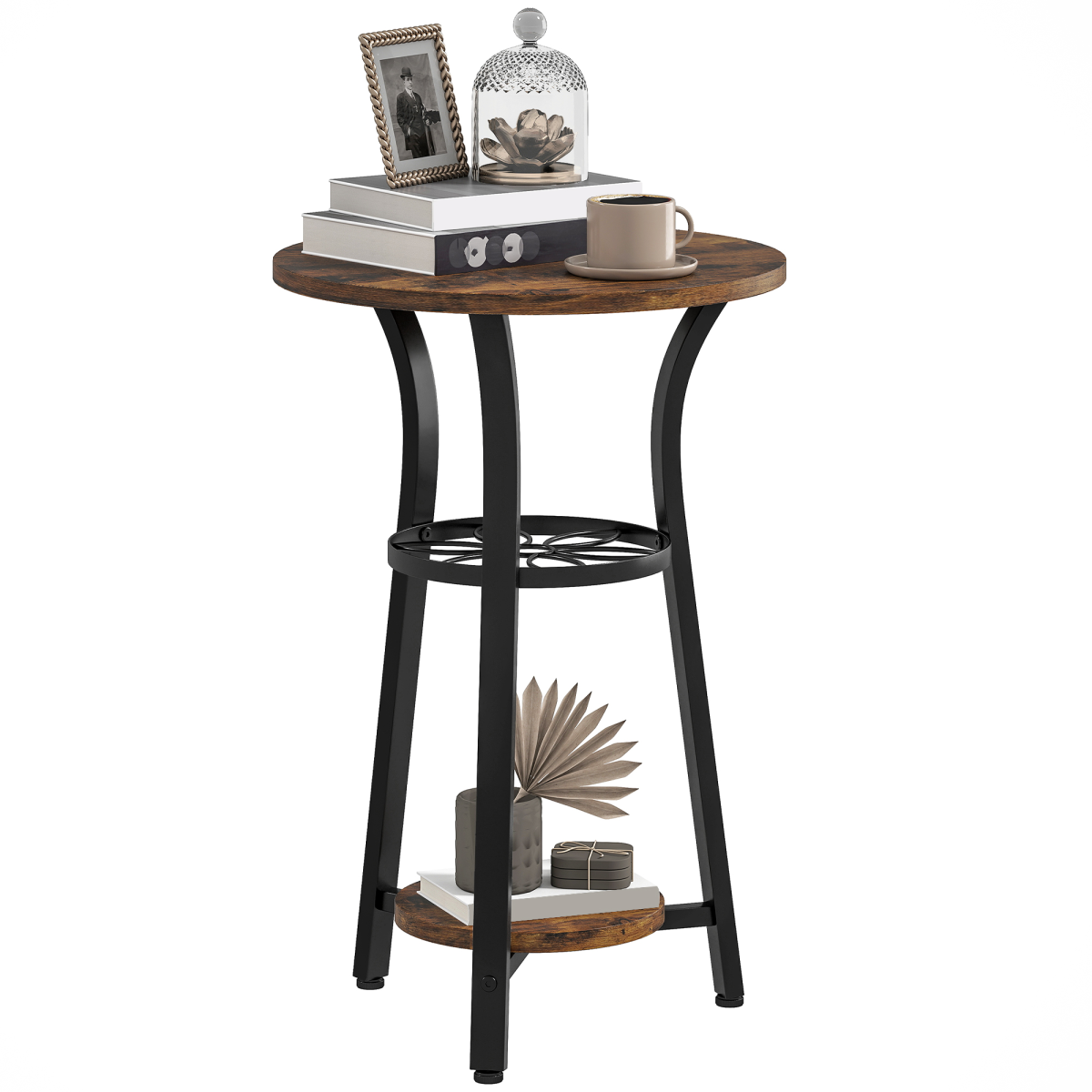 3-Tier Small End Table Industrial 38 cm Round Side Table Rustic Brown