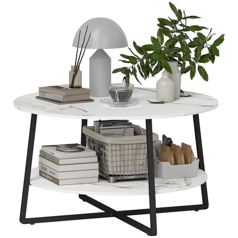 Round Coffee Table with Storage Shelf and Marble Effect Top, White