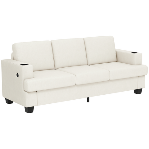 3 Seater Sofa, Fabric Sofa with USB Ports and Cup Holders, Cream