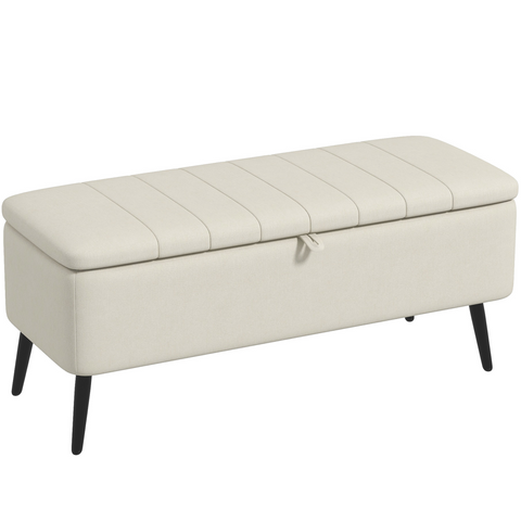 Storage Ottoman Bench, Linen Fabric Footstool with Steel Legs Cream White