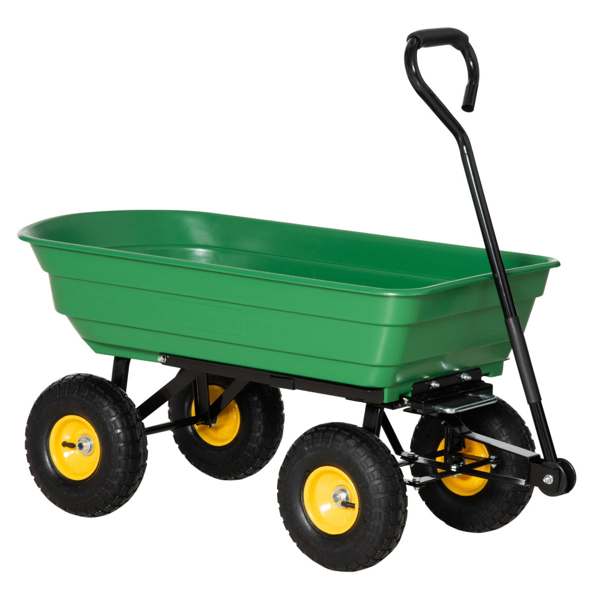 Green garden cart with yellow wheels on a white background