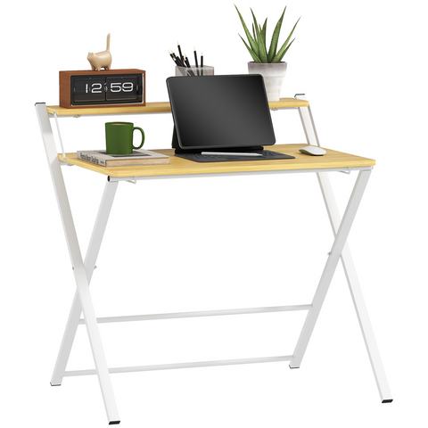 Folding Desk with 2-Tier Shelf for Home Office, Maple Wood-effect