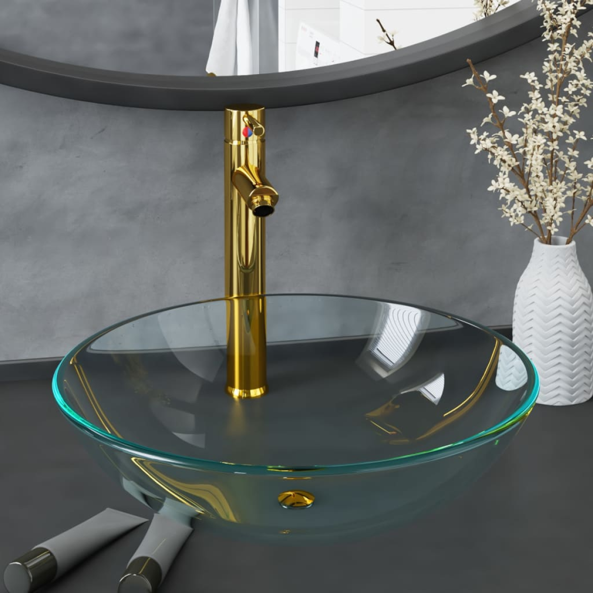 Bathroom Sink with Tap and Push Drain Clear Tempered Glass