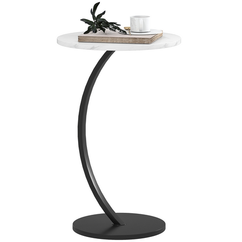 C Shaped Side Table, Round Bedside Table w/ Marble Effect Top, White