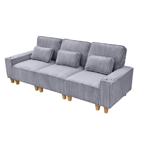 Deep Seat 3-Seater Corduroy Sofa with Brushed Stainless Steel Cup Holders and 3 Decorative Pillows, Modern Comfort Couch for Living Room