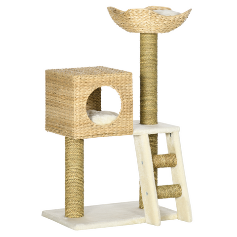 Cat Tree Kitten Tower Cattail Weave w/ Scratching Posts, Bed, House Pawhut