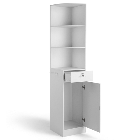 White tall cabinet with open door on a white background