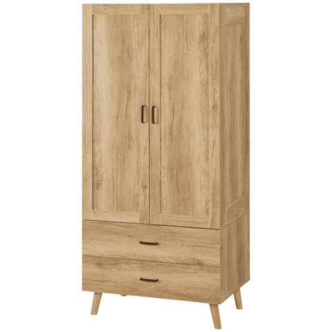 2 Door Wardrobe, Modern Wardrobe w/ 2 Drawer, Hanging Rail for Bedroom Natural