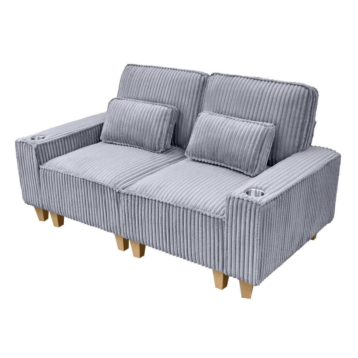 Deep Seat Corduroy Loveseat with Brushed Stainless Steel Cup Holders and 2 Decorative Pillows, Cozy 2-Seater Sofa for Living Room