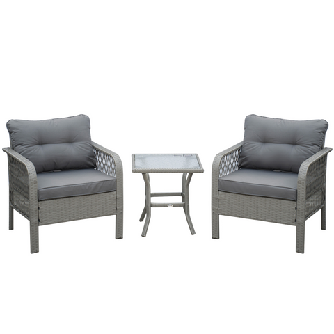 3 Pieces Patio PE Rattan Bistro Set w/ Armchairs Tempered Glass Table Outsunny