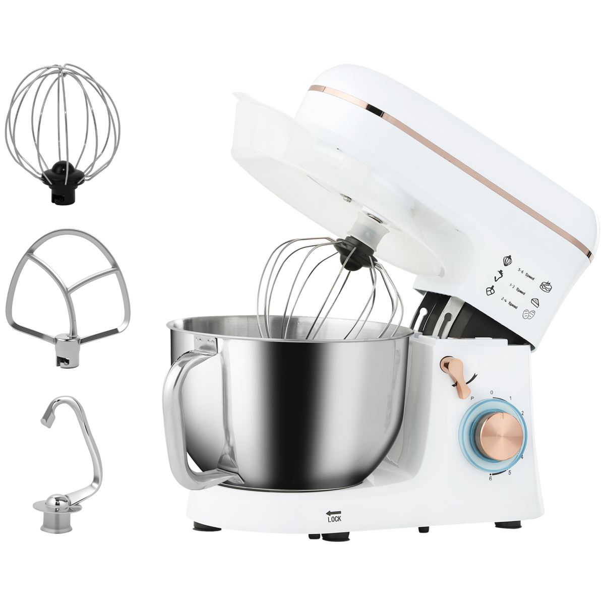 Electric Stand Mixer, 5L Food Mixer with Dough Hook, Whisk, White