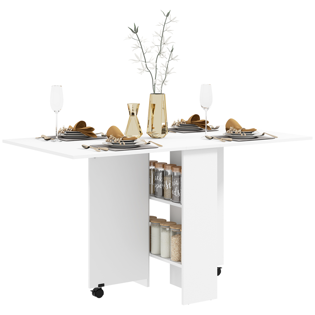 Kitchen Folding Desk Mobile Drop Leaf Dining Table Wheel Storage Shelves White