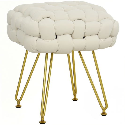 Woven Velvet Foot Stool with Steel Legs for Living Room, Cream White