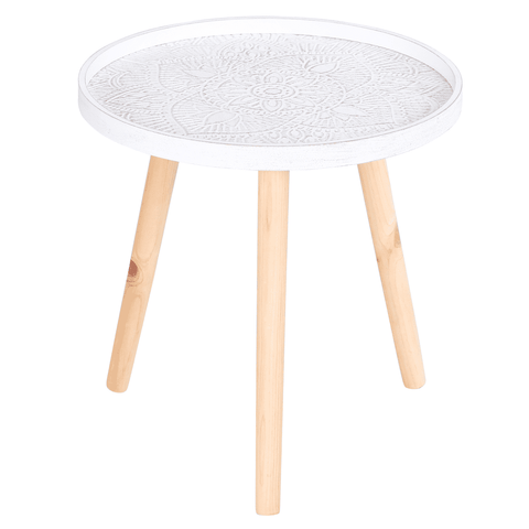 Pine Wood Floral Etched Side Table w/ Saucer Top White