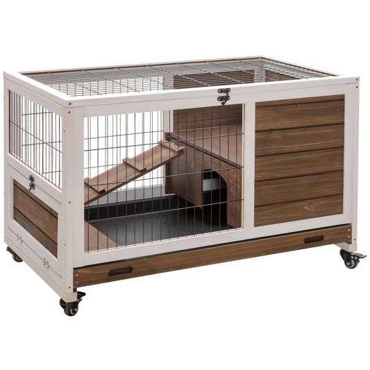 PawHut Wood Indoor Rabbit Hutch Elevated 2-Floor Guineas Pigs Cage w/ Wheels and with openable Roof