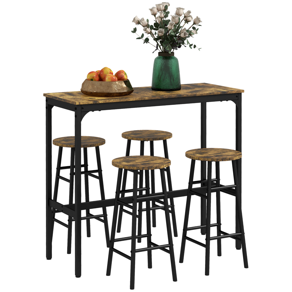 5 Piece Bar Set, Industrial Kitchen and Chair Set Rustic Brown