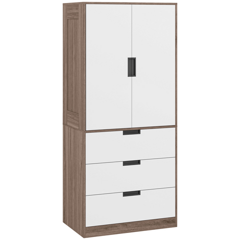 2 Door Wardrobe Brown Wardrobe with 3 Drawer and Hanging Rod Brown