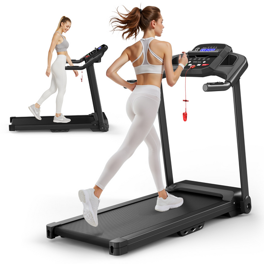 Woman exercising on a treadmill with a white background